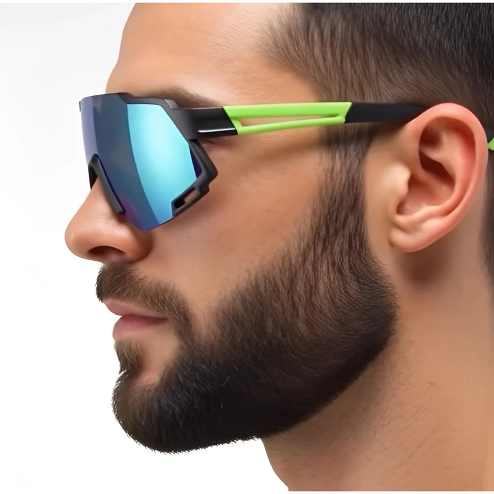 Sport Men Sunglasses Cycling Running Glasses Green Reflective Mirrored Lens Fish